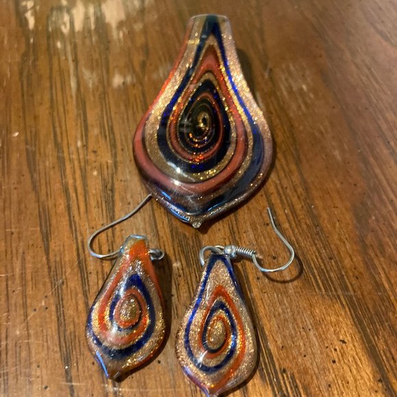 Vintage Glass Swirl Earrings and Pendant Gold Orange Blue - Picture 1 of 4